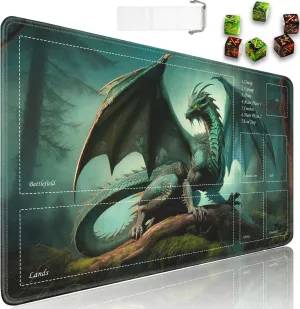 JVGFYNKL for TCG Playmat, Playmat with Zones, 24x14 in Non-Slip Rubber for MTG Playmat with Drawstring Travel Pouch and 6 Dice, Forest Green Dragon for MTG Mat, Card Game Playmats