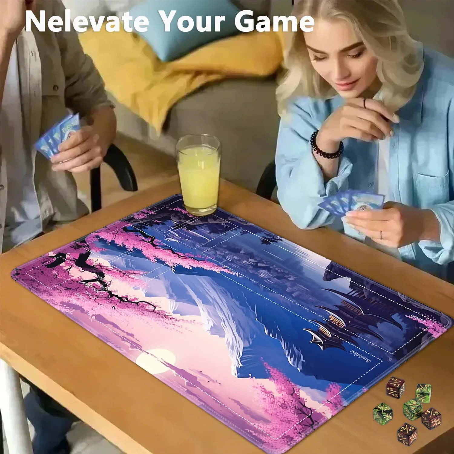 JVGFYNKL for TCG Playmat, Playmat with Zones, 24x14 in Non-Slip Rubber for MTG Playmat with Drawstring Travel Pouch and 6 Dice, Japanese Cherry Blossom Scenery for MTG Mat, Card Game Playmats