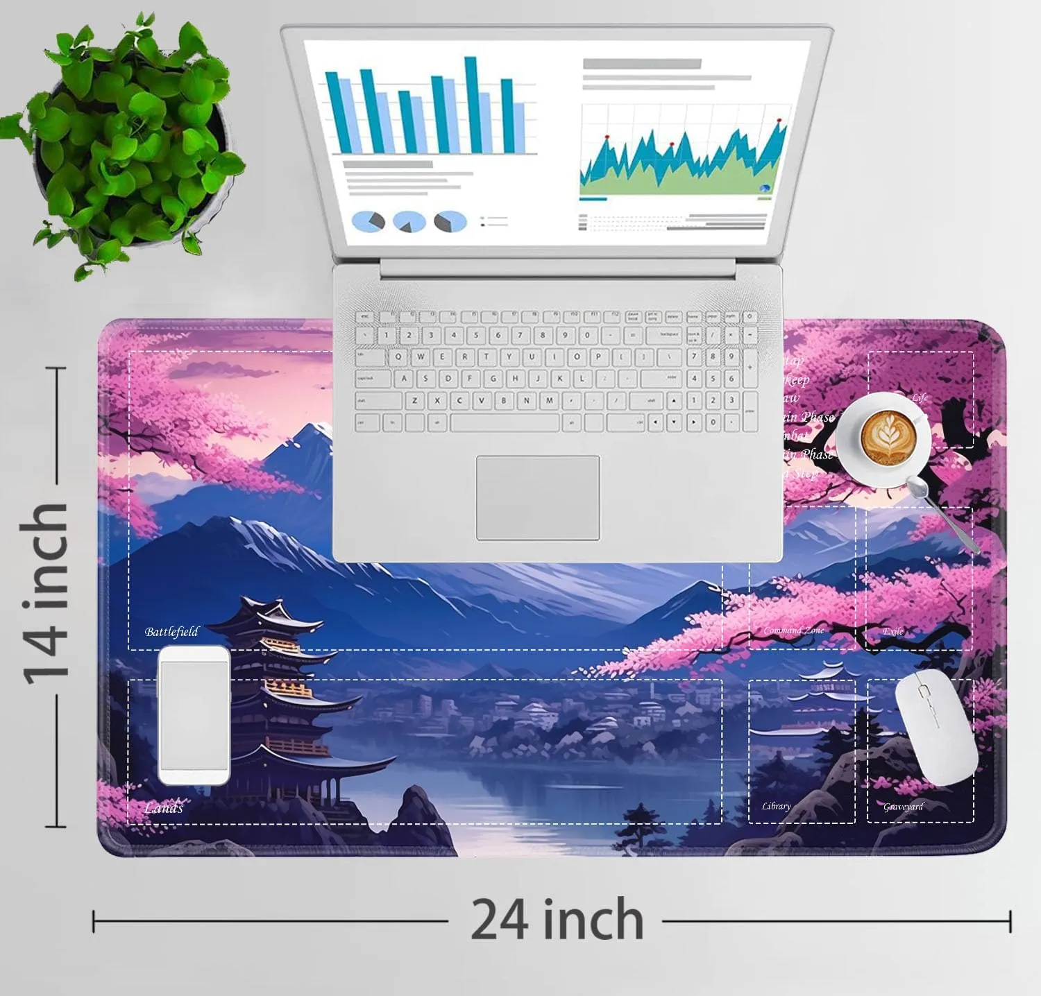 JVGFYNKL for TCG Playmat, Playmat with Zones, 24x14 in Non-Slip Rubber for MTG Playmat with Drawstring Travel Pouch and 6 Dice, Japanese Cherry Blossom Scenery for MTG Mat, Card Game Playmats
