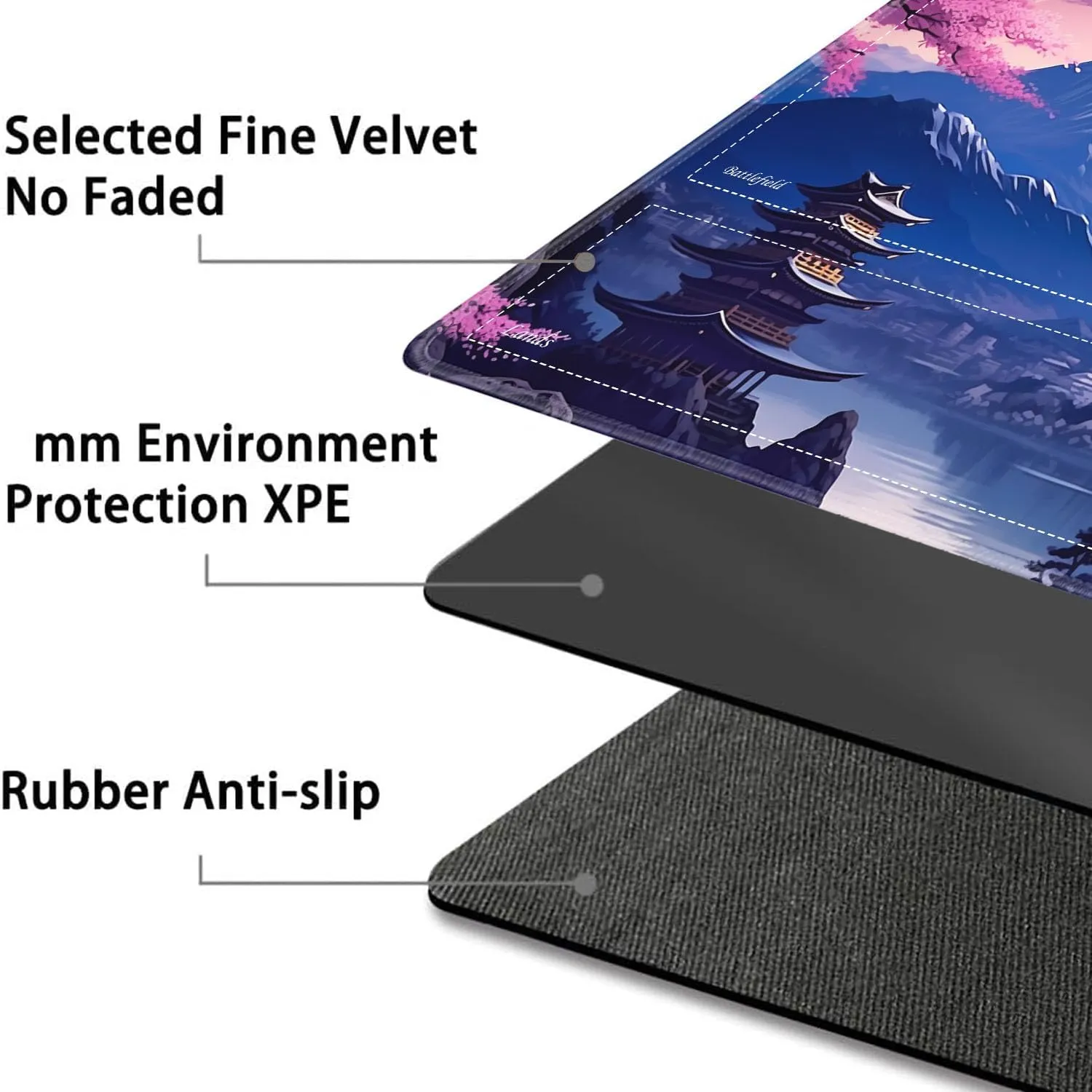 JVGFYNKL for TCG Playmat, Playmat with Zones, 24x14 in Non-Slip Rubber for MTG Playmat with Drawstring Travel Pouch and 6 Dice, Japanese Cherry Blossom Scenery for MTG Mat, Card Game Playmats