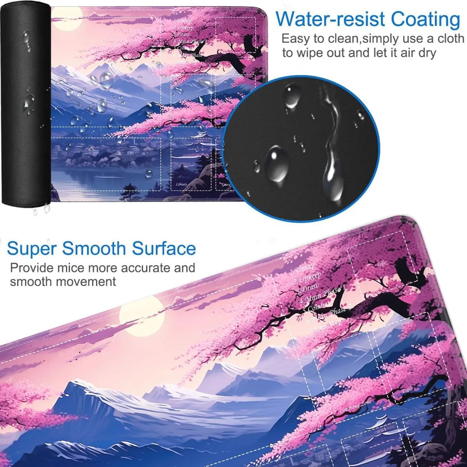 JVGFYNKL for TCG Playmat, Playmat with Zones, 24x14 in Non-Slip Rubber for MTG Playmat with Drawstring Travel Pouch and 6 Dice, Japanese Cherry Blossom Scenery for MTG Mat, Card Game Playmats