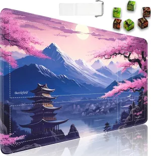 JVGFYNKL for TCG Playmat, Playmat with Zones, 24x14 in Non-Slip Rubber for MTG Playmat with Drawstring Travel Pouch and 6 Dice, Japanese Cherry Blossom Scenery for MTG Mat, Card Game Playmats