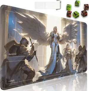JVGFYNKL for TCG Playmat, Playmat with Zones, 24x14 in Non-Slip Rubber for MTG Playmat with Drawstring Travel Pouch and 6 Dice, Revered Archangel for MTG Mat, Card Game Playmats