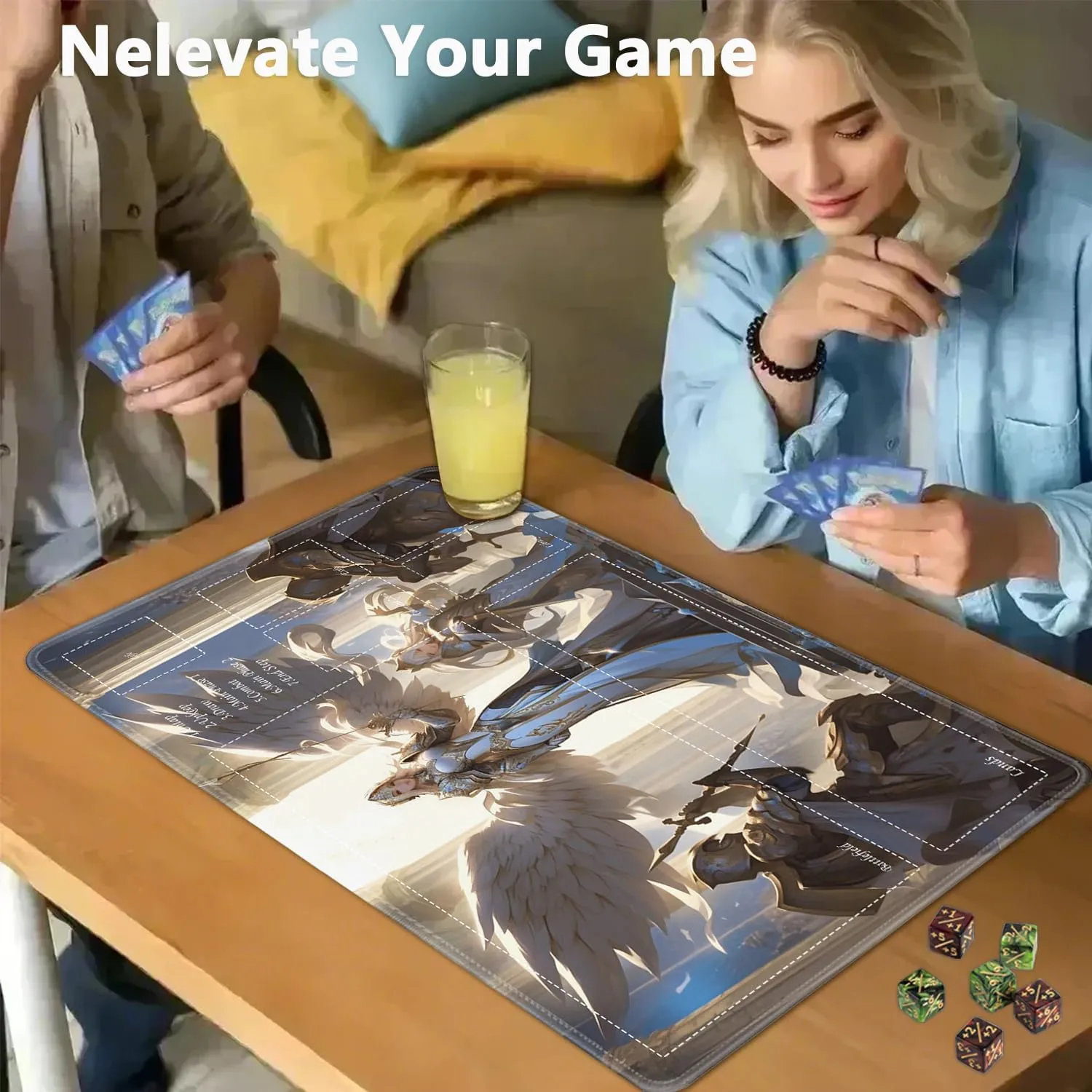 JVGFYNKL for TCG Playmat, Playmat with Zones, 24x14 in Non-Slip Rubber for MTG Playmat with Drawstring Travel Pouch and 6 Dice, Revered Archangel for MTG Mat, Card Game Playmats