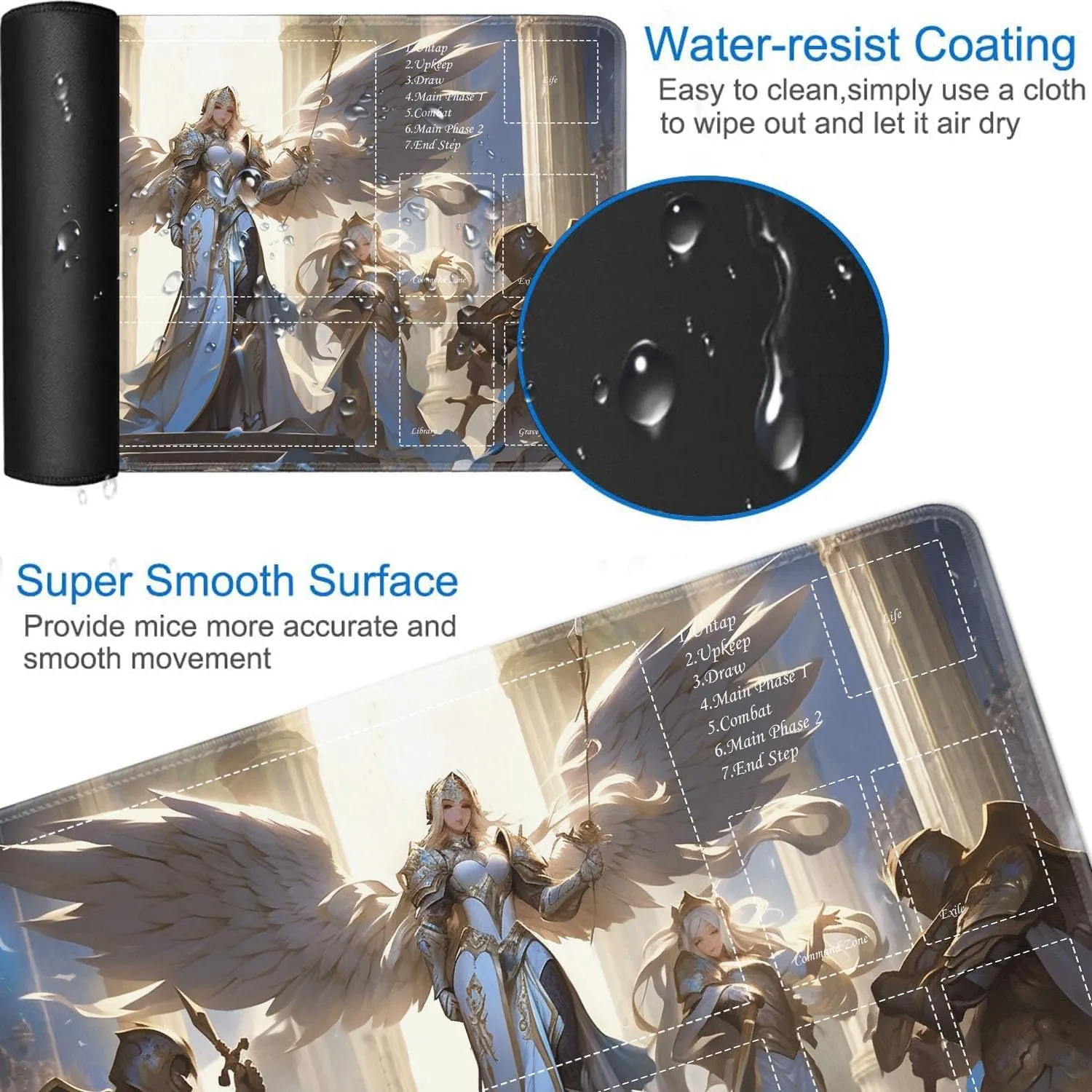 JVGFYNKL for TCG Playmat, Playmat with Zones, 24x14 in Non-Slip Rubber for MTG Playmat with Drawstring Travel Pouch and 6 Dice, Revered Archangel for MTG Mat, Card Game Playmats