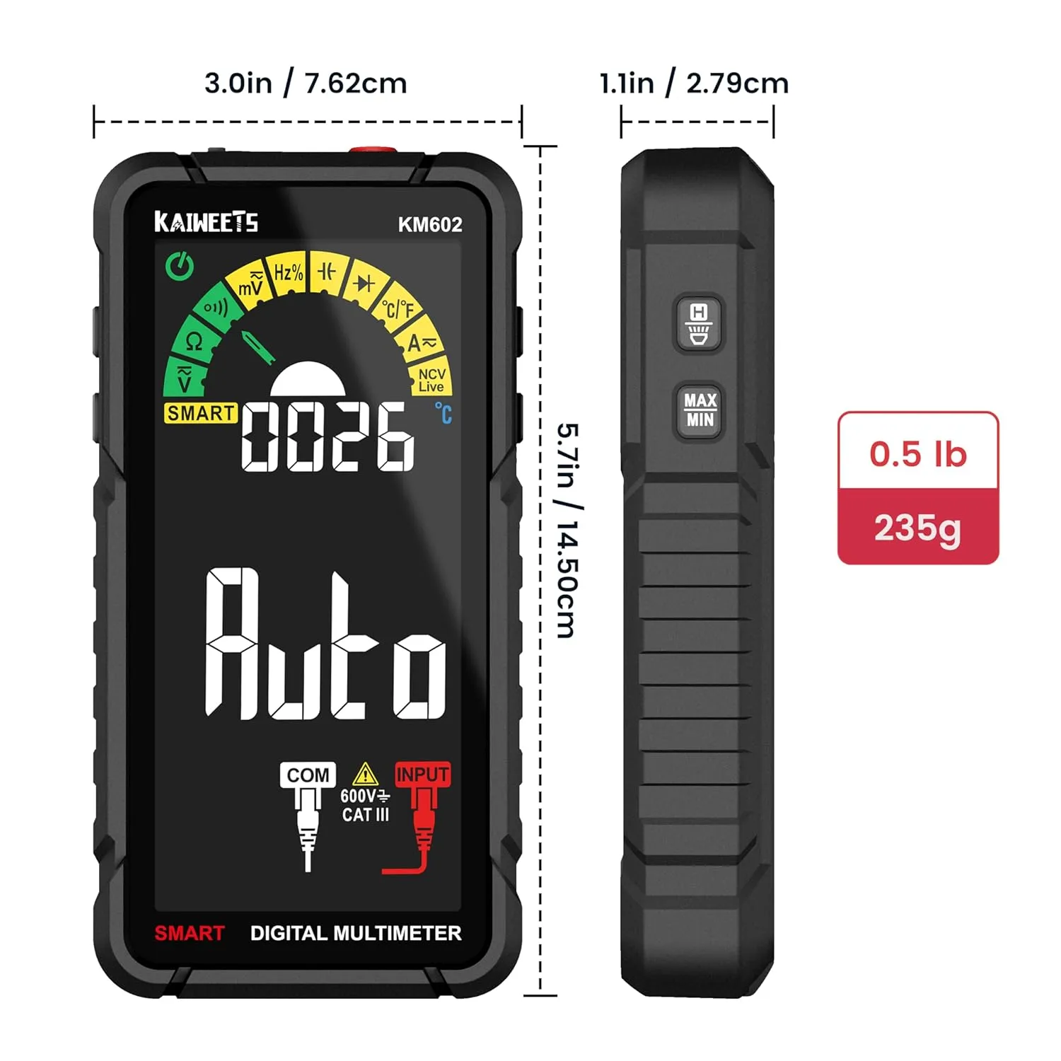 KAIWEETS Smart Multimeter Rechargeable Electrical Tester with Auto Ranging Digital Voltmeter Measures Voltage Current Resistance Continuity Capacitance Temperature Frequency NCV 6000 Counts TRMS