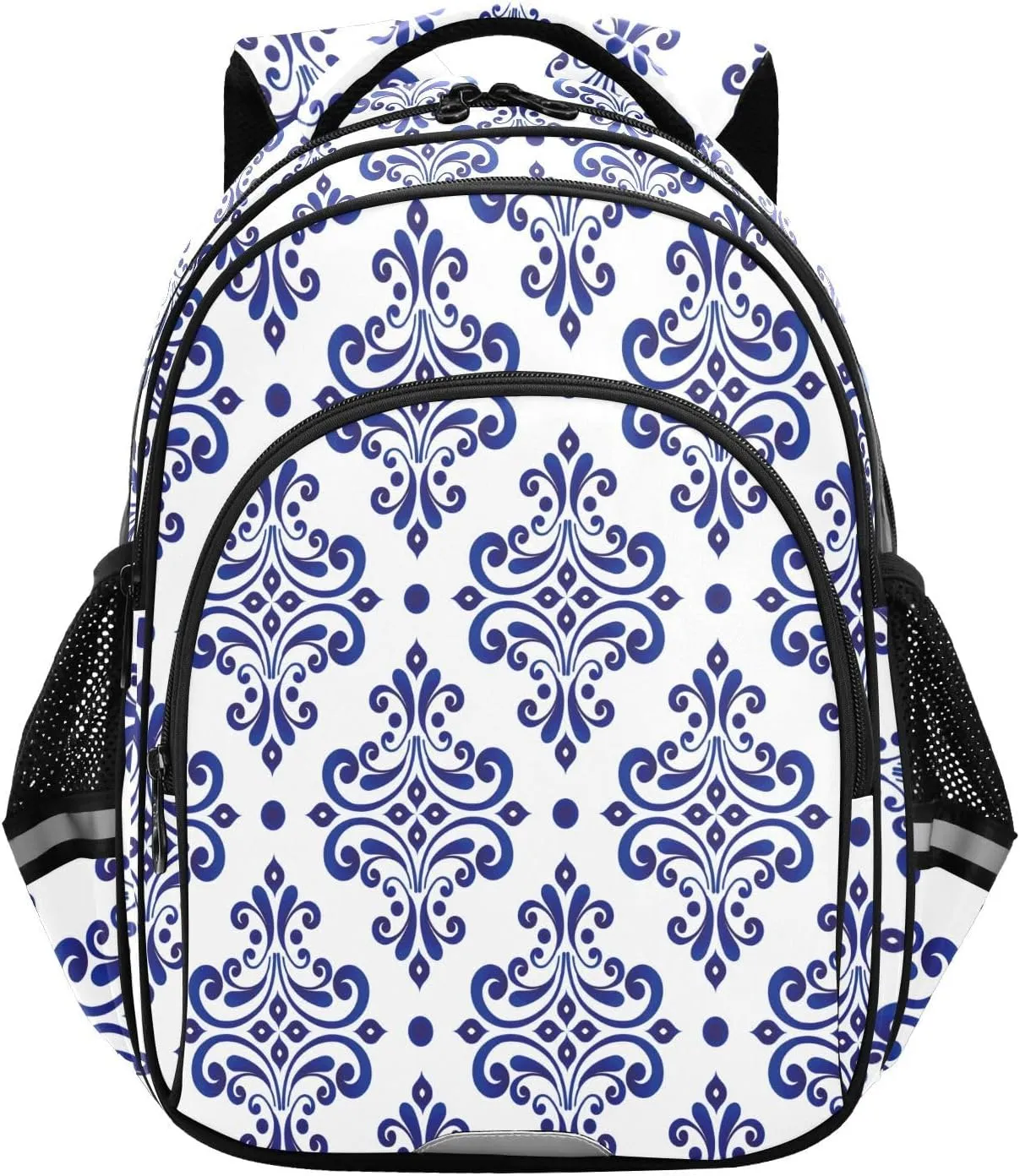 Kids Backpack Blue Floral Ornament Backdrop School Bag for Girls Boys Reflective Design Backpack Lightweight Water-Resistant Students Bookbag, Perfect for School,Travel,Hiking, Camping