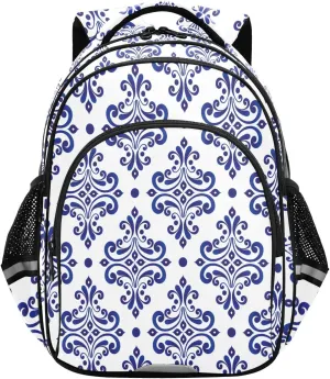 Kids Backpack Blue Floral Ornament Backdrop School Bag for Girls Boys Reflective Design Backpack Lightweight Water-Resistant Students Bookbag, Perfect for School,Travel,Hiking, Camping