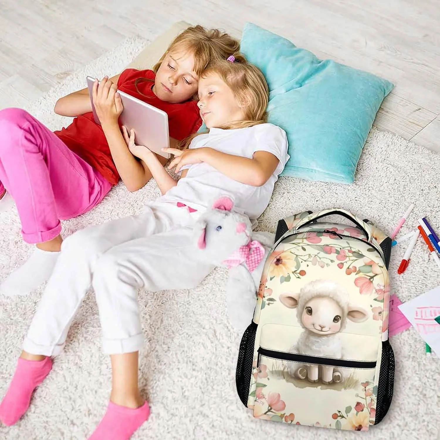 Kids Backpack, Cute Sheep Book Bag, Girls Schoolbag for Gift, 17 Inch Large Capacity Bookbag for Preschool Elementary Kindergarten School Travel