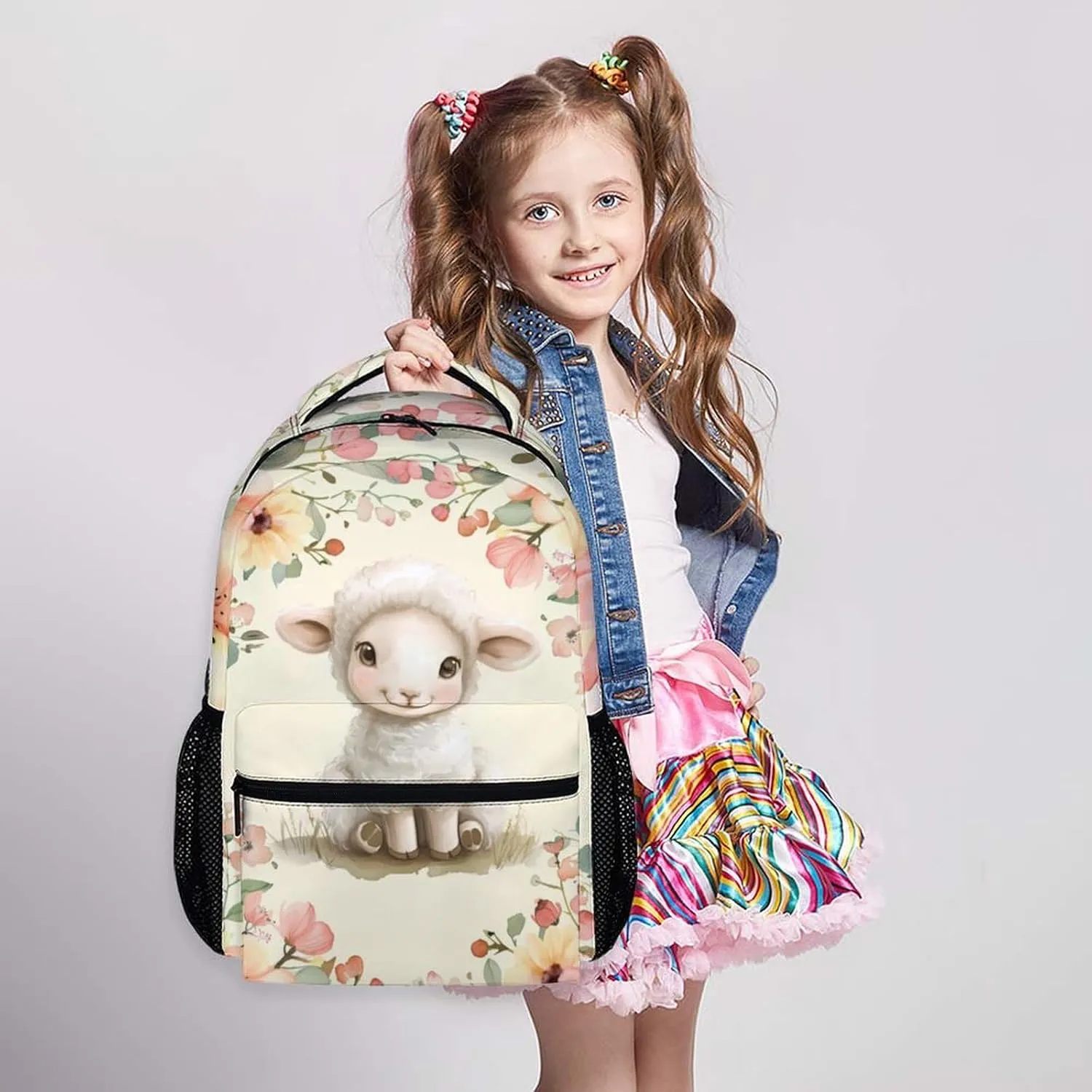 Kids Backpack, Cute Sheep Book Bag, Girls Schoolbag for Gift, 17 Inch Large Capacity Bookbag for Preschool Elementary Kindergarten School Travel