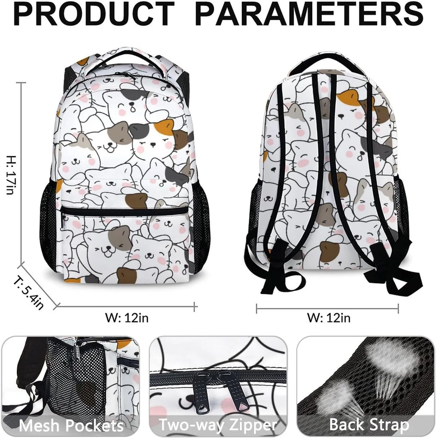Kids Backpack for Girls Boys 3-10, Cute Cat Schoolbag, Gift for Girls, 17 Inch Student Bookbag for Preschool Elementary Kindergarten