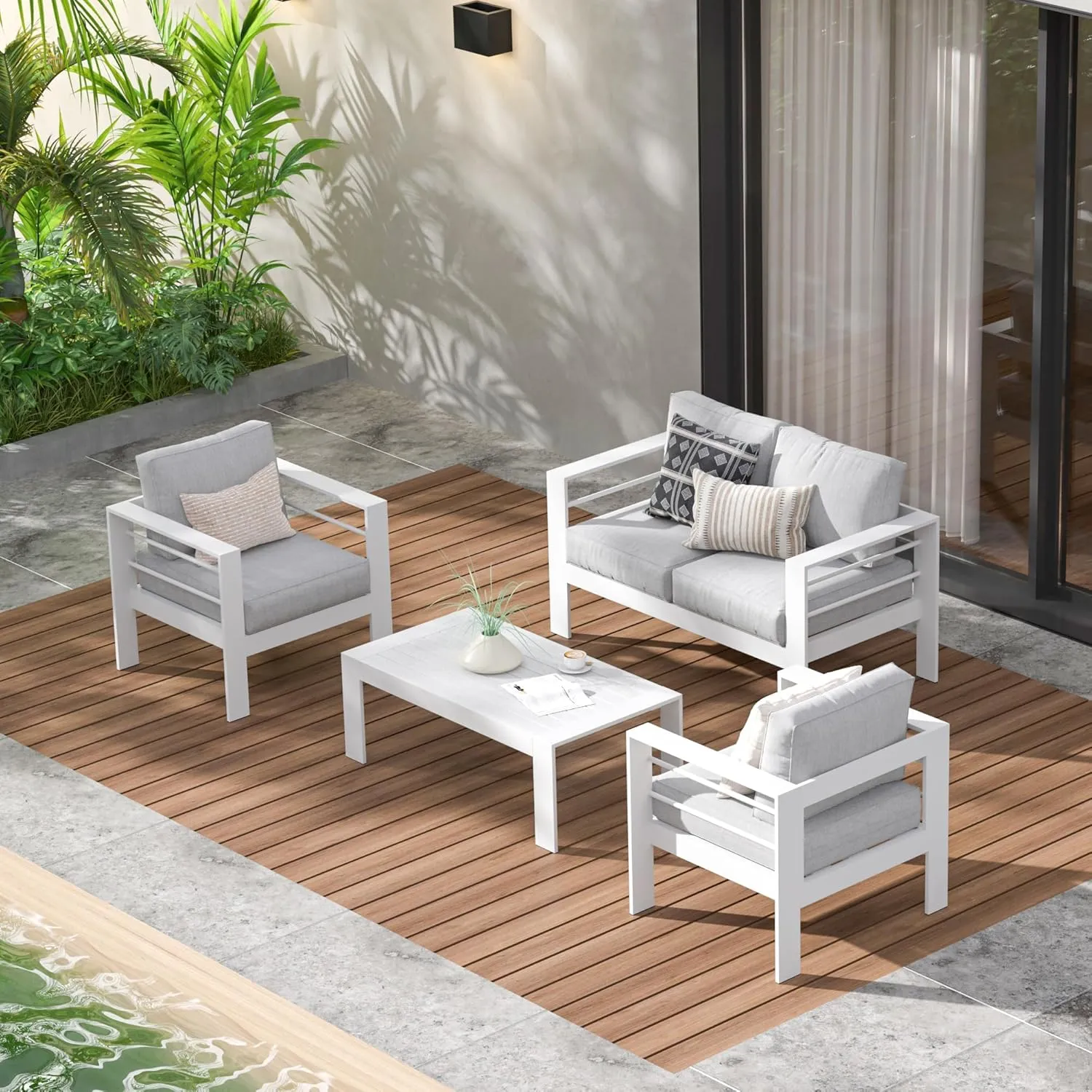 Kiss the Water Outdoor Patio Furniture Loveseat Sofa, All-Weather Metal Aluminum Patio Couch with 5" Thick and Soft Cushion and Wide Arm, Outdoor Couch for Balcony, Porch, Backyard