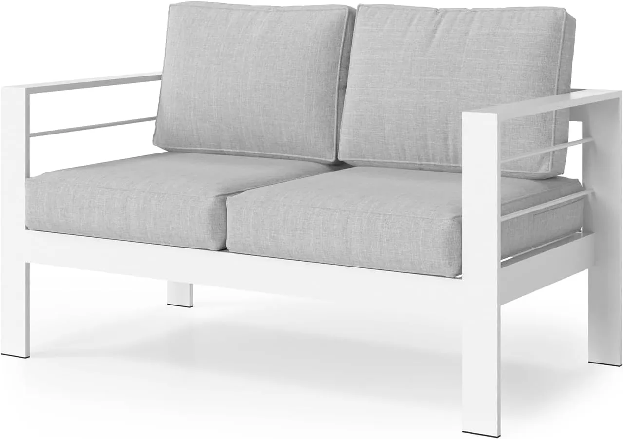 Kiss the Water Outdoor Patio Furniture Loveseat Sofa, All-Weather Metal Aluminum Patio Couch with 5" Thick and Soft Cushion and Wide Arm, Outdoor Couch for Balcony, Porch, Backyard