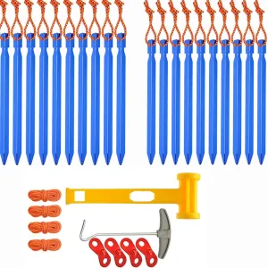 KK5 Tent Stakes Pegs - 20pcs Aluminum 7" Tent Pegs Stakes- 4pcs Outdoor Guy Lines Reflective Ropes - 1 Plastic Awl - 1 Nail Puller - 4pcs Buckles for Camping Canopy Rain Tarp Hiking Gardening