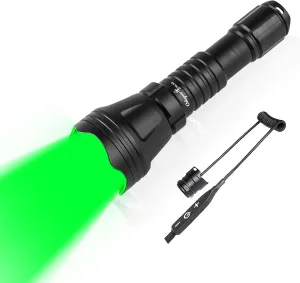 KL52 Green Light Scope Mount Flashlight for Night Hunting 452 Yards Long Range Super Bright Zoomable Green Lens Spotlight with Stepless Dimming Pressure Switch for Predator Coyote Hog Varmint