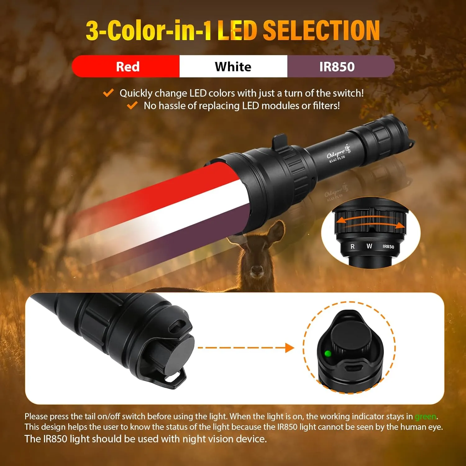 KL62Plus Red White IR850 Zoomable Hunting Light Kit 850nm Long Range IR Illuminator for Night Vision Scope Mount Infrared Flashlight with Stepless Dimming Switch for Hog Coyote Predator Hunting