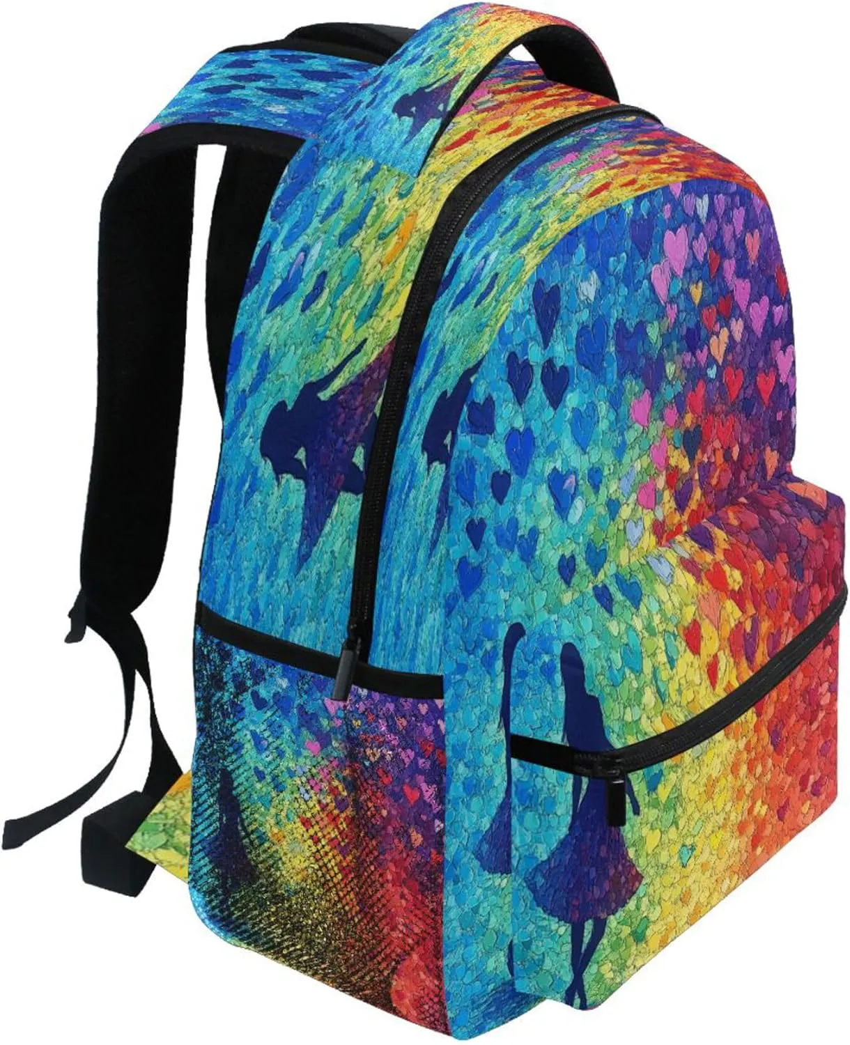 KLL Cool Backpacks for Men Women Fashion Backpack With Water Bottle Pocket with Chest Strap for College Work Colorful Hearts Rainbow