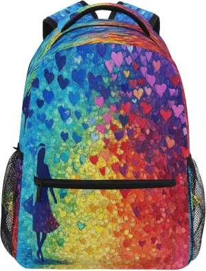 KLL Cool Backpacks for Men Women Fashion Backpack With Water Bottle Pocket with Chest Strap for College Work Colorful Hearts Rainbow