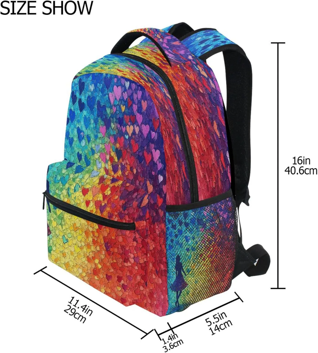 KLL Cool Backpacks for Men Women Fashion Backpack With Water Bottle Pocket with Chest Strap for College Work Colorful Hearts Rainbow