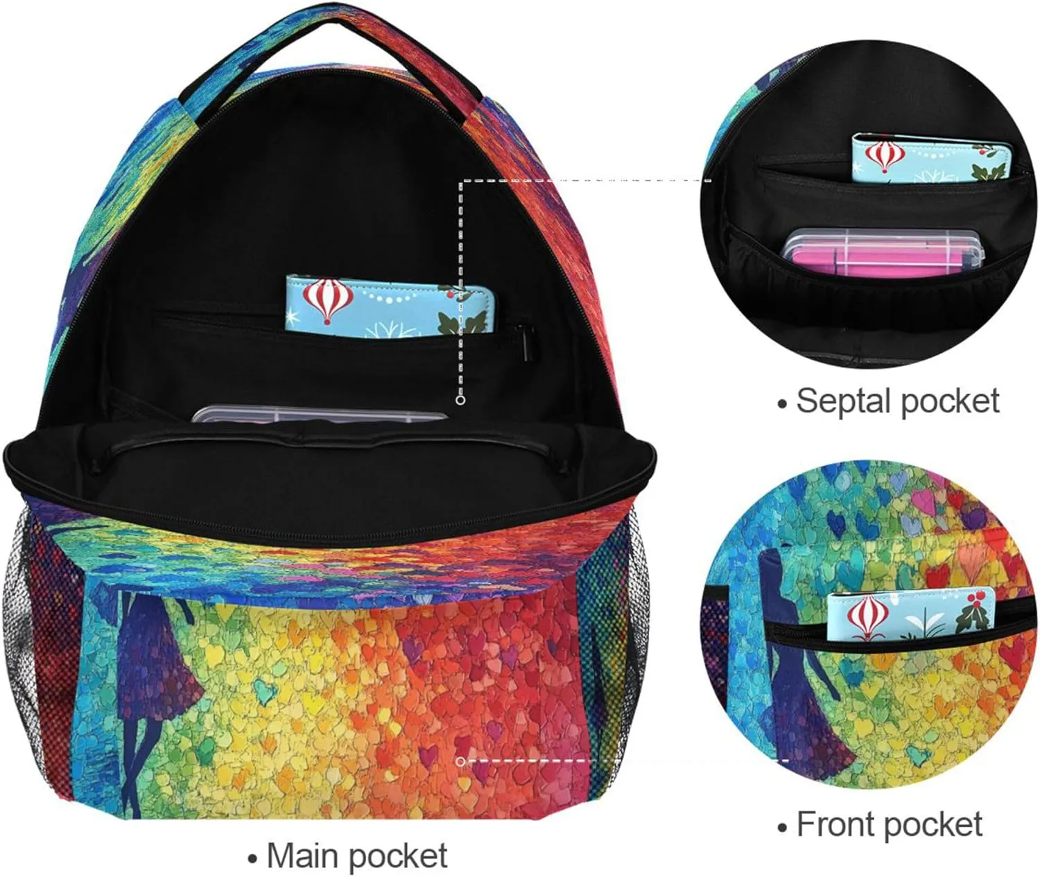 KLL Cool Backpacks for Men Women Fashion Backpack With Water Bottle Pocket with Chest Strap for College Work Colorful Hearts Rainbow