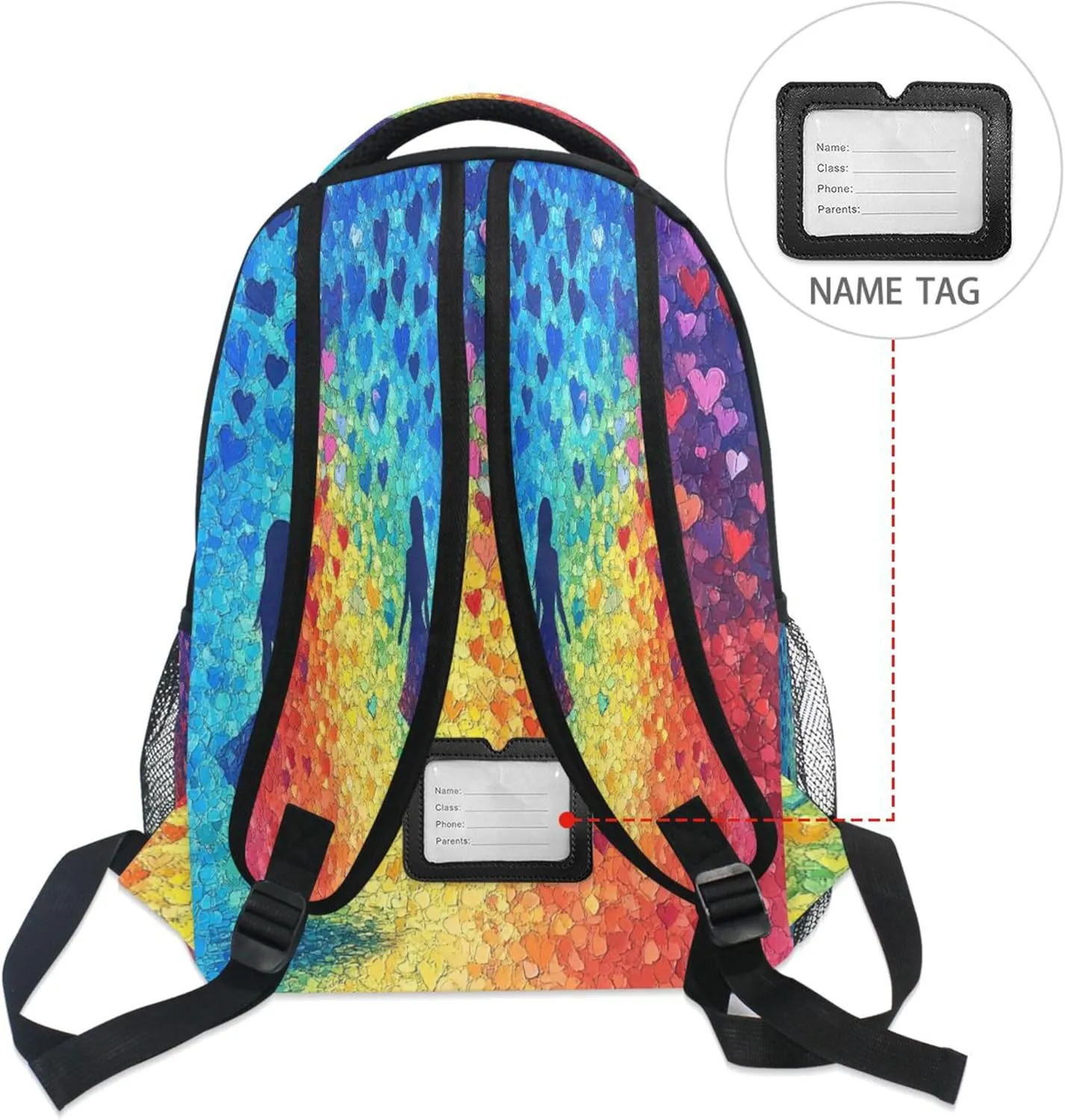 KLL Cool Backpacks for Men Women Fashion Backpack With Water Bottle Pocket with Chest Strap for College Work Colorful Hearts Rainbow
