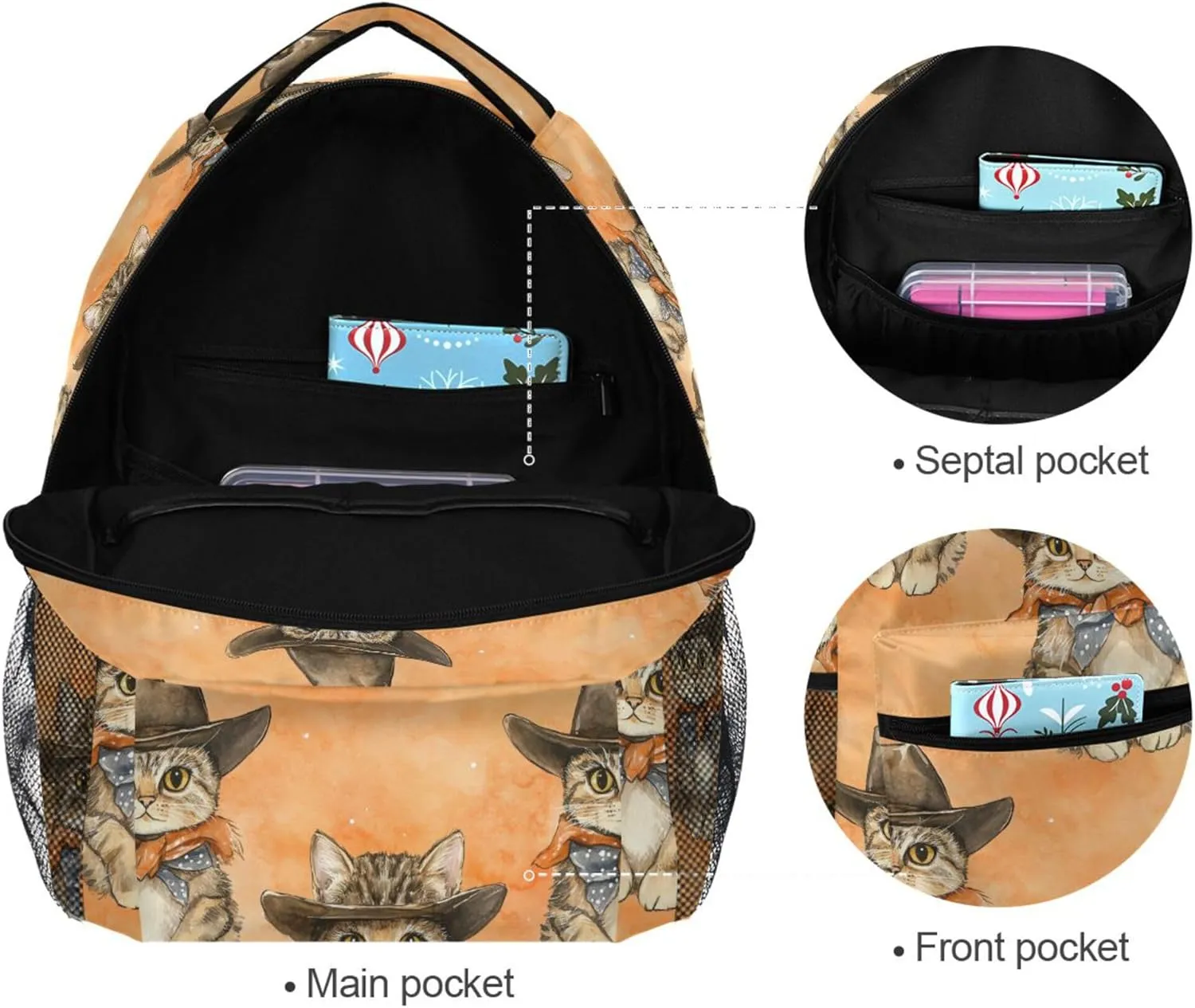 KLL Laptop Backpack for Unisex Adult Waterproof Stylish Travel Bags with Chest Strap Gift Men & Women Western Cowboy Cat