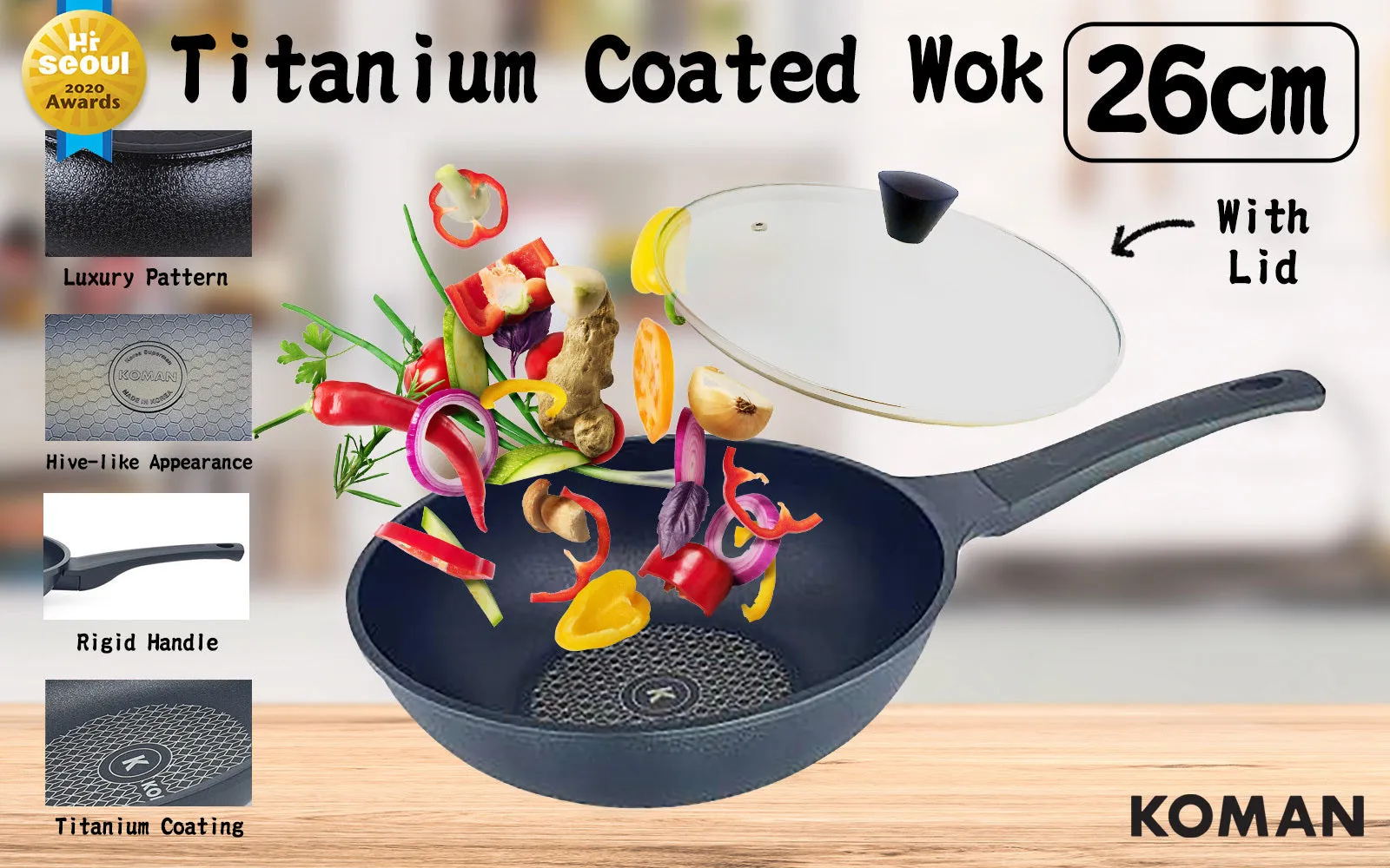 KOMAN 26cm Titanium Coating Wok Pan Non-Stick   Glass Lid