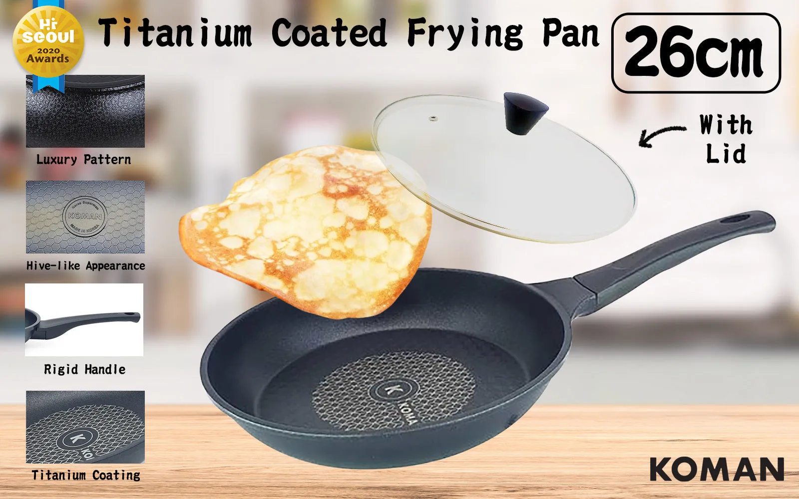 KOMAN Non-Stick Titanium Coating Frying Pan 26cm   Glass Lid