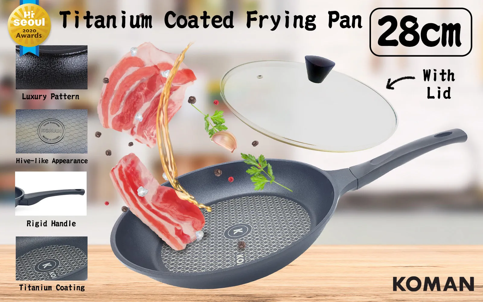 KOMAN Non-Stick Titanium Coating Frying Pan 28cm   Glass Lid