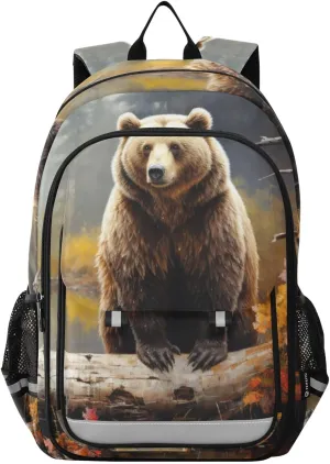Large Backpack Log Brown Bears for Men Women Travel Laptop Daypack Book Bag Shoulder Bag Cute Cool Funny Backpack with Reflective Strip 12.9 ×17.7 In