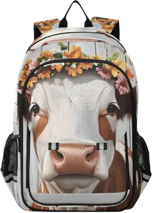 Large Backpack Retro Cow Garland Board for Men Women Travel Laptop Daypack Book Bag Shoulder Bag Cute Cool Funny Backpack with Reflective Strip 12.9 ×17.7 In