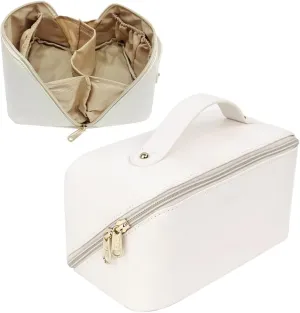 Large Capacity Travel Cosmetic Bag- Quilted Makeup Bag, PU Leather Waterproof Makeup Organizer Bag,with Handle and Divider Flat Lay Cosmetic Bags for Women and Girls.White