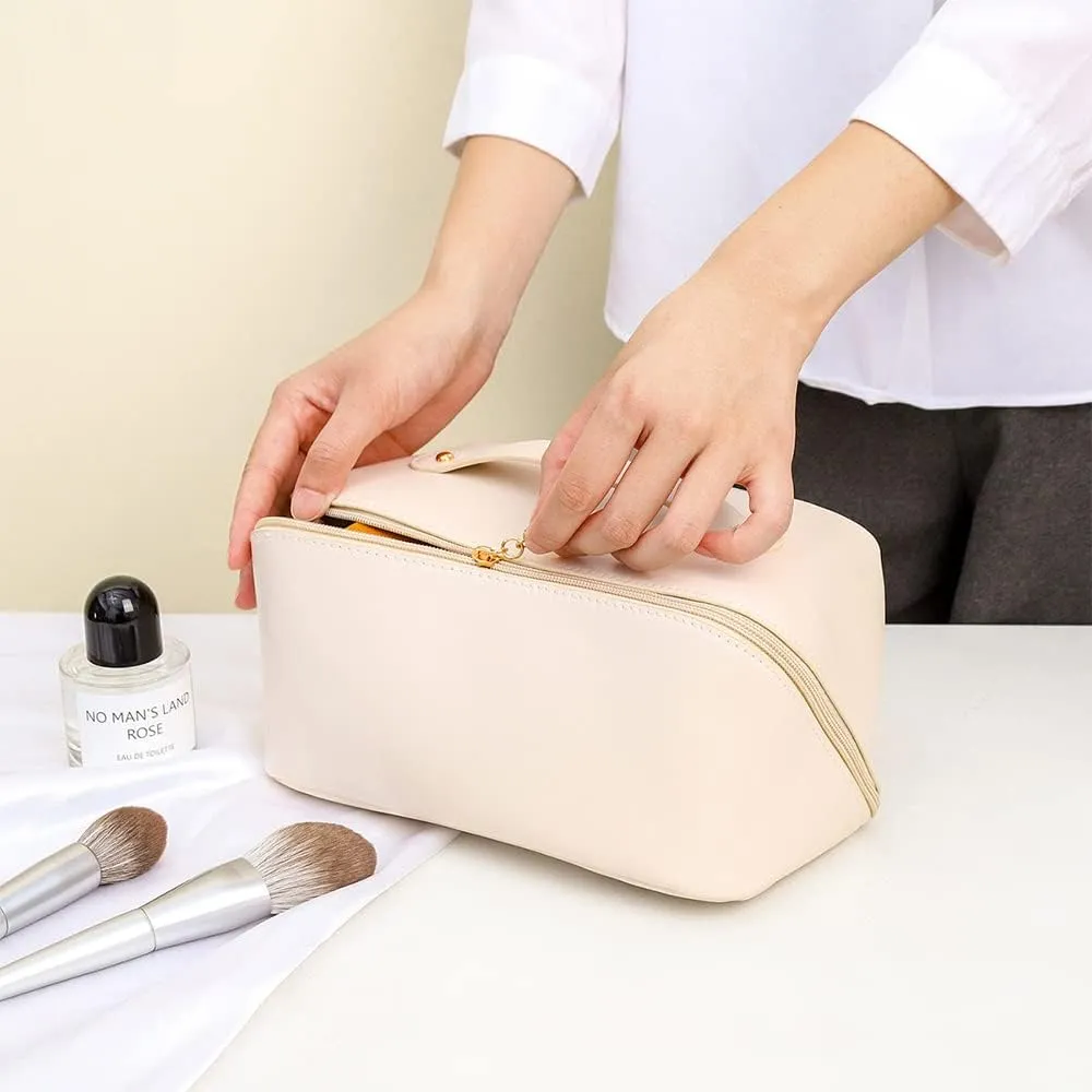 Large Capacity Travel Cosmetic Bag- Quilted Makeup Bag, PU Leather Waterproof Makeup Organizer Bag,with Handle and Divider Flat Lay Cosmetic Bags for Women and Girls.White