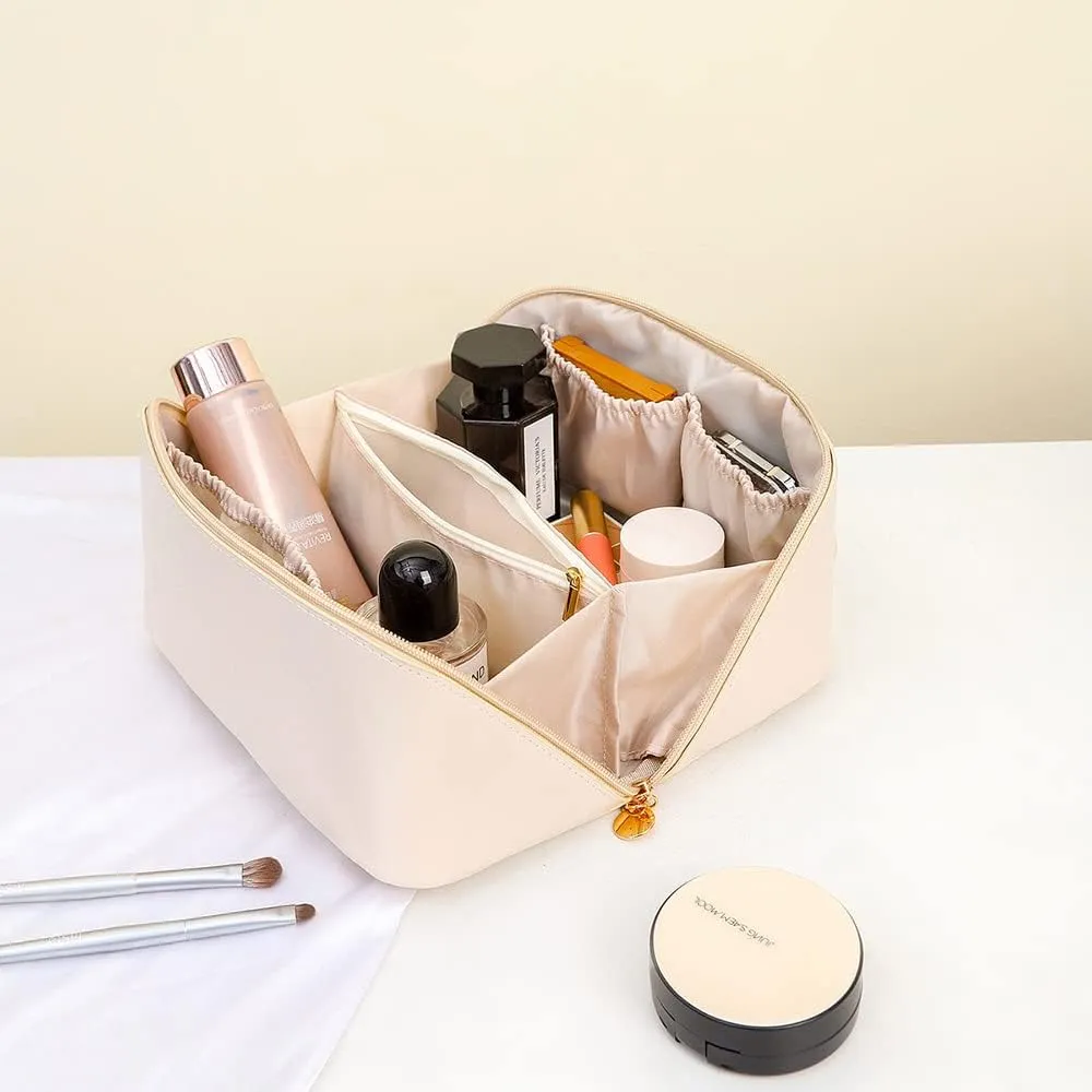 Large Capacity Travel Cosmetic Bag- Quilted Makeup Bag, PU Leather Waterproof Makeup Organizer Bag,with Handle and Divider Flat Lay Cosmetic Bags for Women and Girls.White