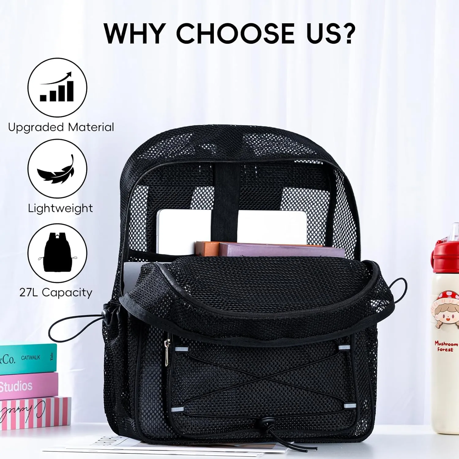 Large Mesh Backpack for School 17.4" *13" Heavy Duty, See Through Stylish Backpack for Girls Boys Student Beach Travel Hiking Outdoor (Black)