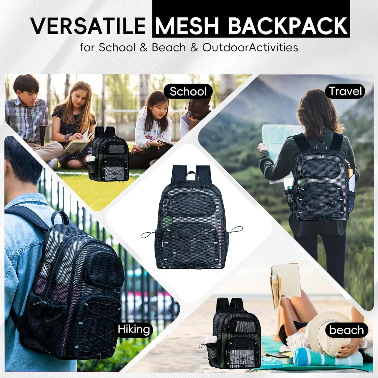 Large Mesh Backpack for School 17.4" *13" Heavy Duty, See Through Stylish Backpack for Girls Boys Student Beach Travel Hiking Outdoor (Black)