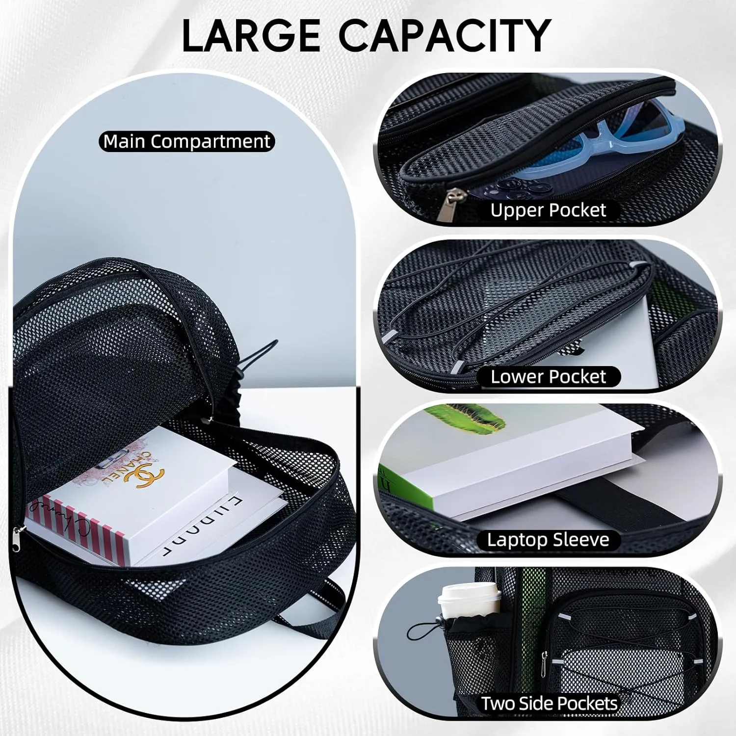 Large Mesh Backpack for School 17.4" *13" Heavy Duty, See Through Stylish Backpack for Girls Boys Student Beach Travel Hiking Outdoor (Black)