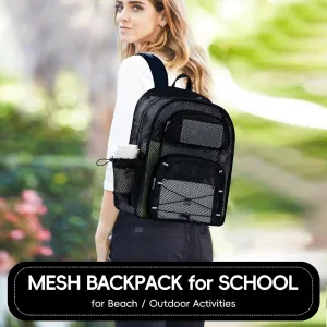Large Mesh Backpack for School 17.4" *13" Heavy Duty, See Through Stylish Backpack for Girls Boys Student Beach Travel Hiking Outdoor (Black)