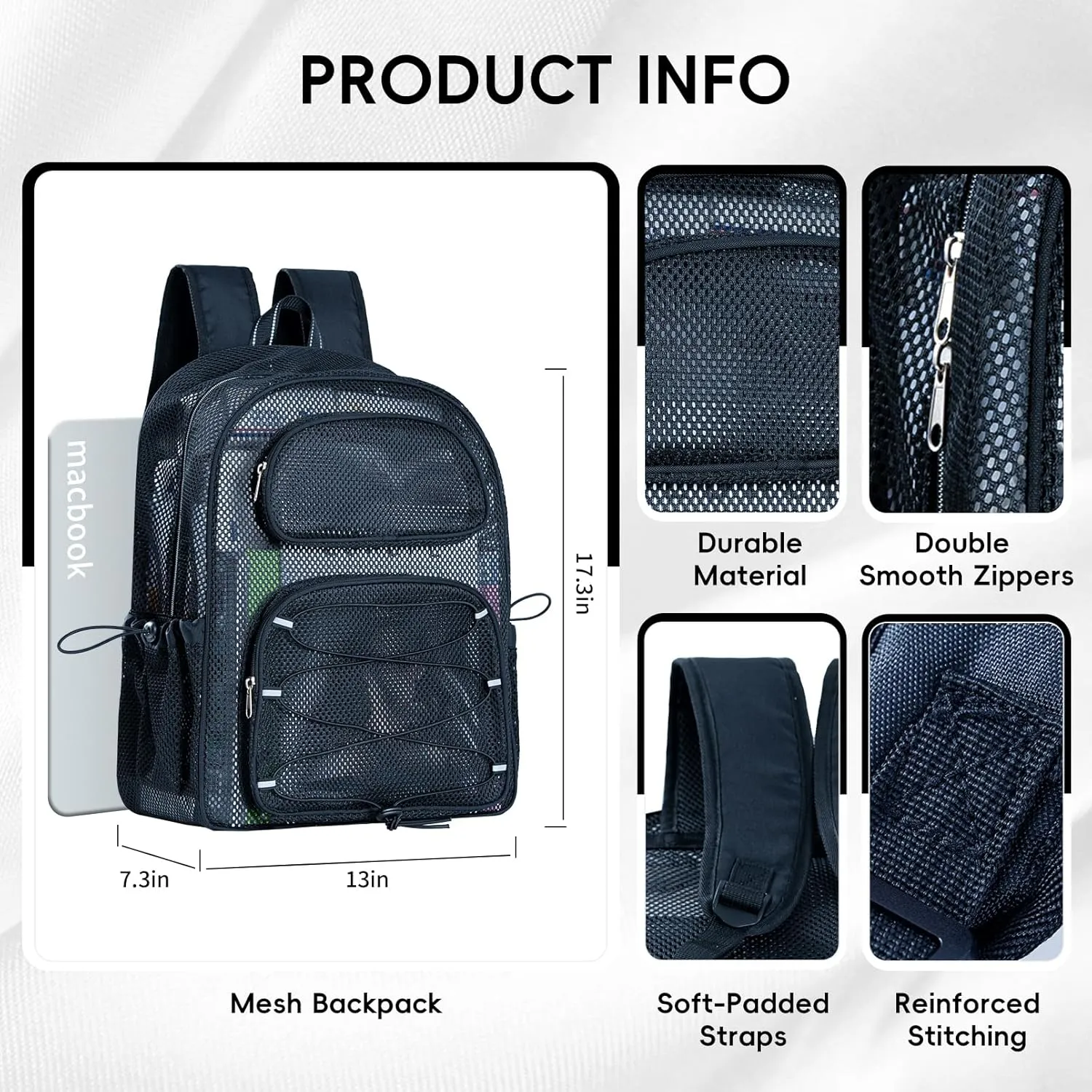 Large Mesh Backpack for School 17.4" *13" Heavy Duty, See Through Stylish Backpack for Girls Boys Student Beach Travel Hiking Outdoor (Black)
