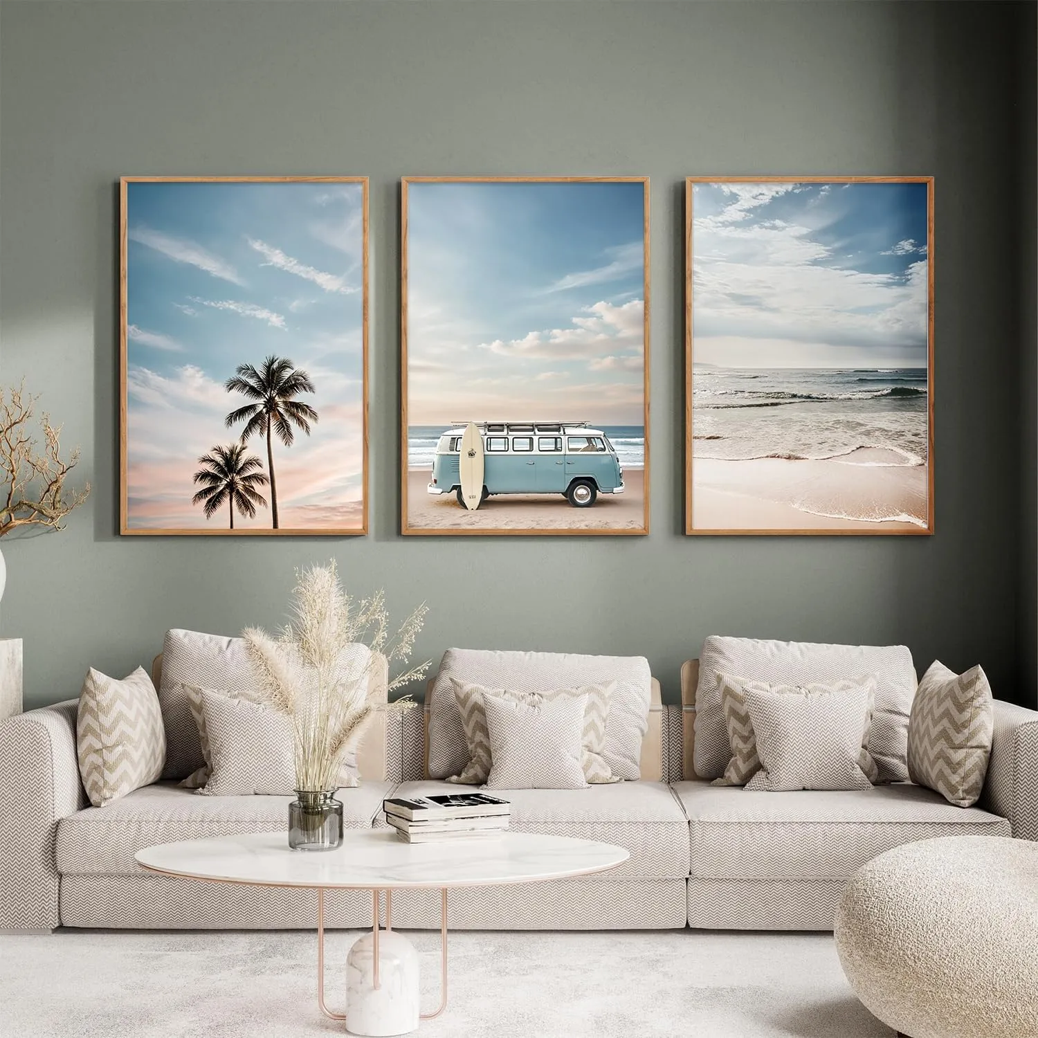 Large Ocean Beach Framed Canvas Wall Art Set, Bus and Palm Tree Wall Decor, Coastal Beach Surfboard Wall Painting, Modern Seaside Art Prints for Living Room, Bedroom, Dining Room - 24"x36"x3