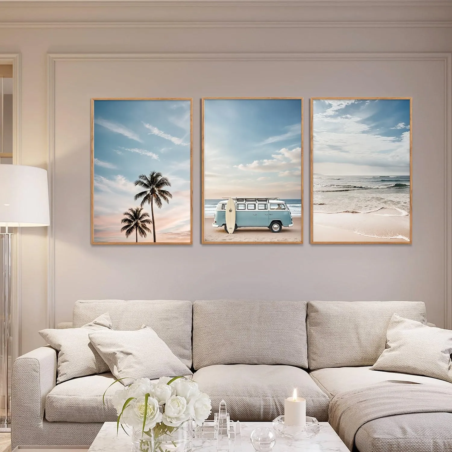 Large Ocean Beach Framed Canvas Wall Art Set, Bus and Palm Tree Wall Decor, Coastal Beach Surfboard Wall Painting, Modern Seaside Art Prints for Living Room, Bedroom, Dining Room - 24"x36"x3