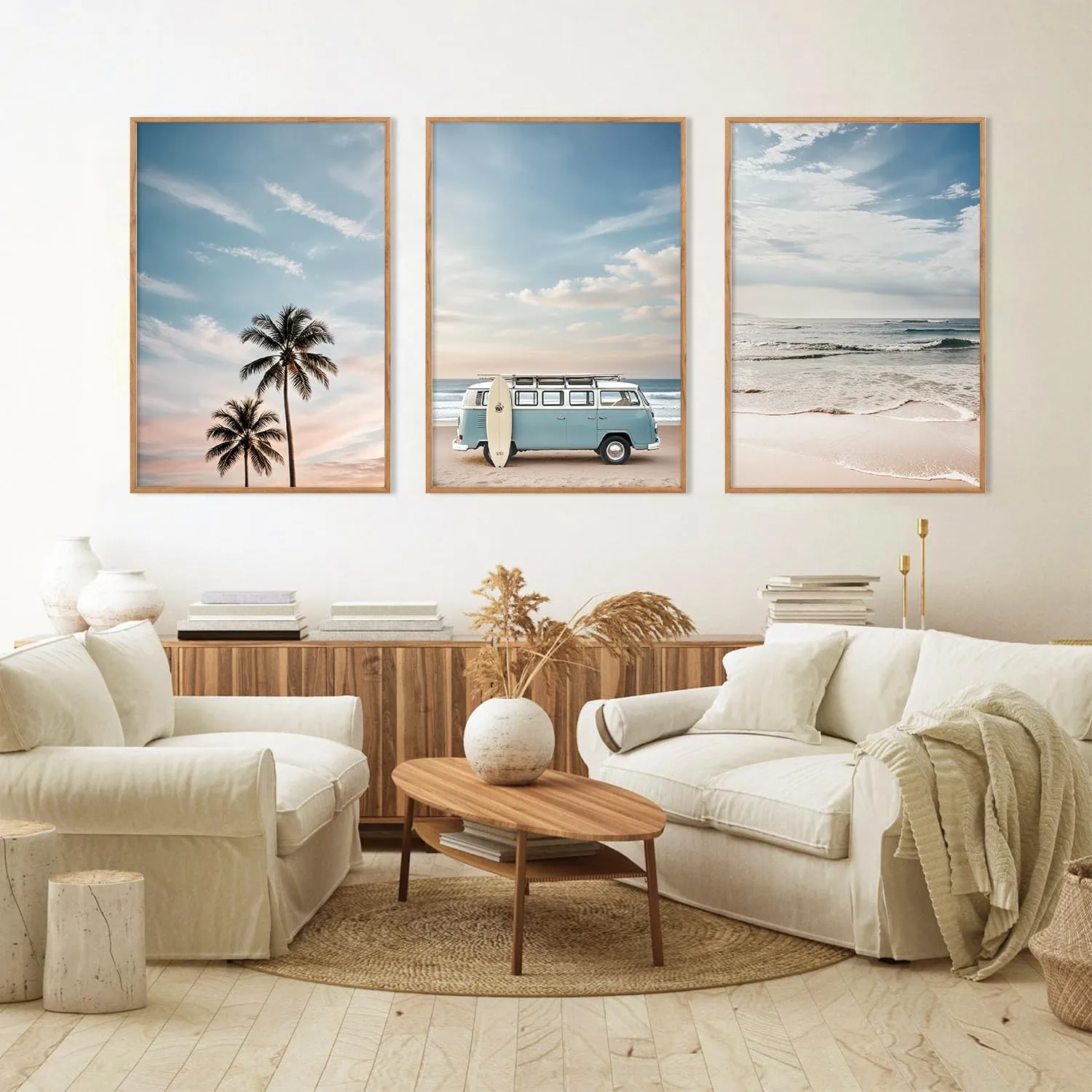Large Ocean Beach Framed Canvas Wall Art Set, Bus and Palm Tree Wall Decor, Coastal Beach Surfboard Wall Painting, Modern Seaside Art Prints for Living Room, Bedroom, Dining Room - 24"x36"x3