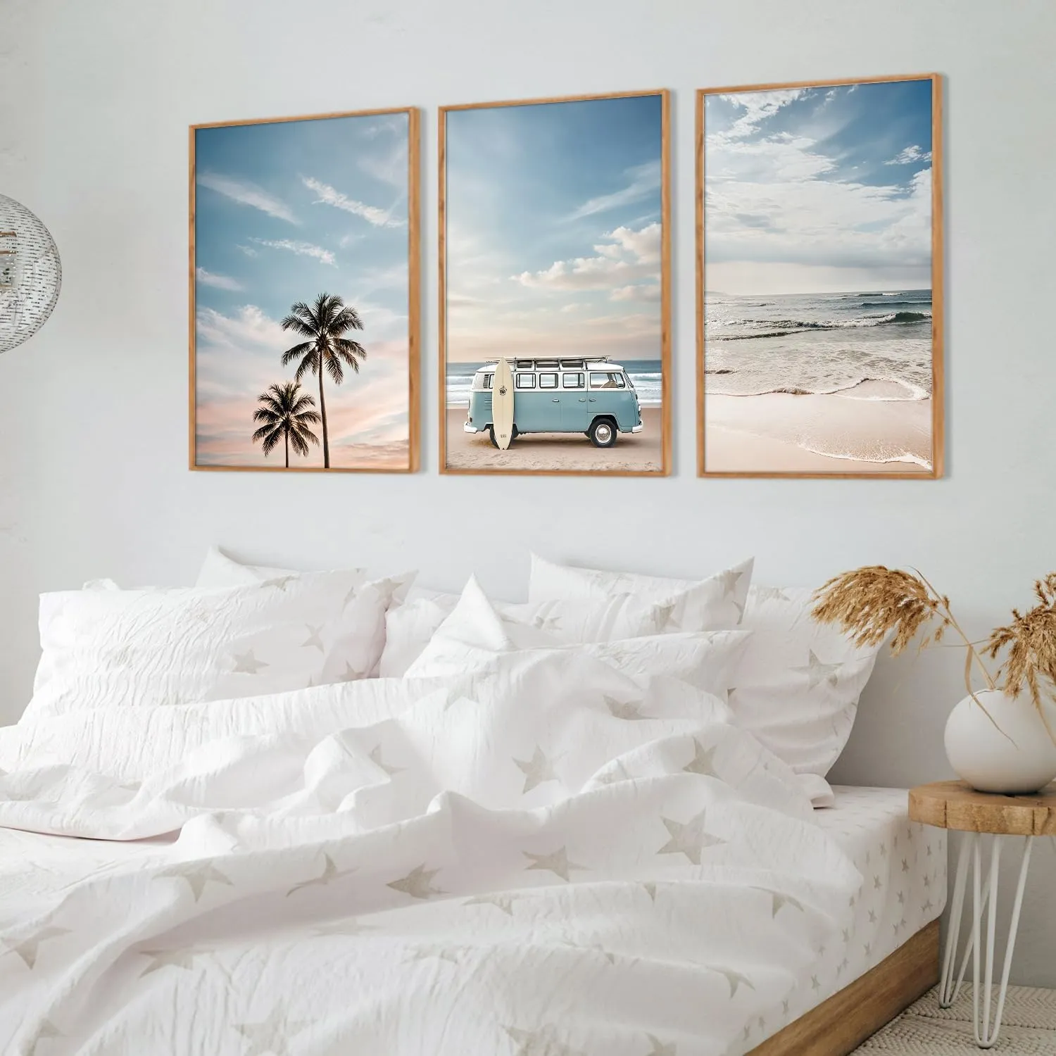 Large Ocean Beach Framed Canvas Wall Art Set, Bus and Palm Tree Wall Decor, Coastal Beach Surfboard Wall Painting, Modern Seaside Art Prints for Living Room, Bedroom, Dining Room - 24"x36"x3