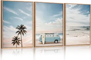Large Ocean Beach Framed Canvas Wall Art Set, Bus and Palm Tree Wall Decor, Coastal Beach Surfboard Wall Painting, Modern Seaside Art Prints for Living Room, Bedroom, Dining Room - 24"x36"x3