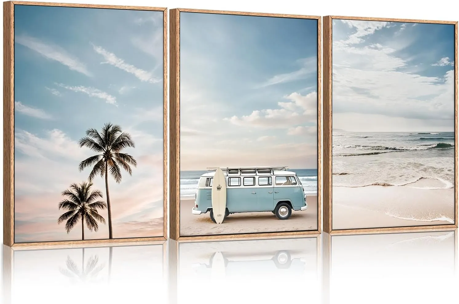 Large Ocean Beach Framed Canvas Wall Art Set, Bus and Palm Tree Wall Decor, Coastal Beach Surfboard Wall Painting, Modern Seaside Art Prints for Living Room, Bedroom, Dining Room - 24"x36"x3