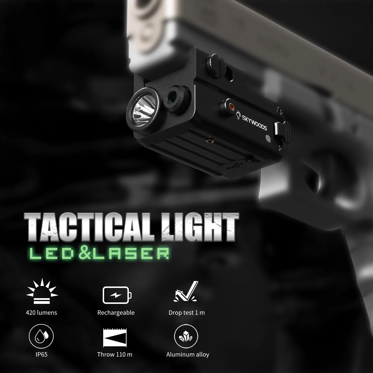 Laser Flashight Combo - 420 Lumens Alumium Green Laser Beam and Flashlight for Glock Pistol Picatinny 1913 Rail, Compact Tactical Gun Laser and Weapon Flashlight, Magnetic Charging, 2 mW