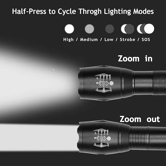 LED Flashlight, Bright 2000 Lumens Tactical Flashlights High Lumens with 5 Modes, Waterproof Zoomable Flash Light for Outdoor, for Emergency Student Dorm Camping Essentials Camper Gear, 1 Pack