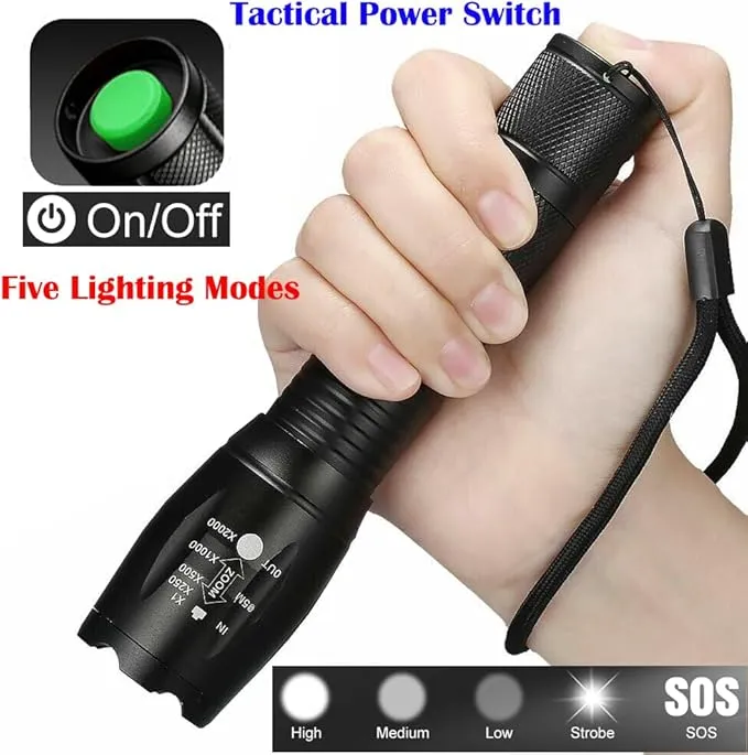 LED Flashlight, Bright 2000 Lumens Tactical Flashlights High Lumens with 5 Modes, Waterproof Zoomable Flash Light for Outdoor, for Emergency Student Dorm Camping Essentials Camper Gear, 1 Pack