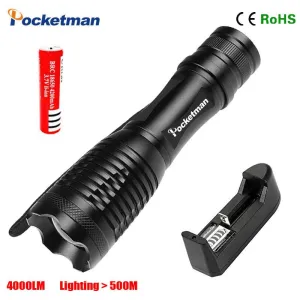LED Flashlight E17 XM-L T6 4000 Lumens 5Modes Zoomable Torch with 18650 Battery Charger Linternas