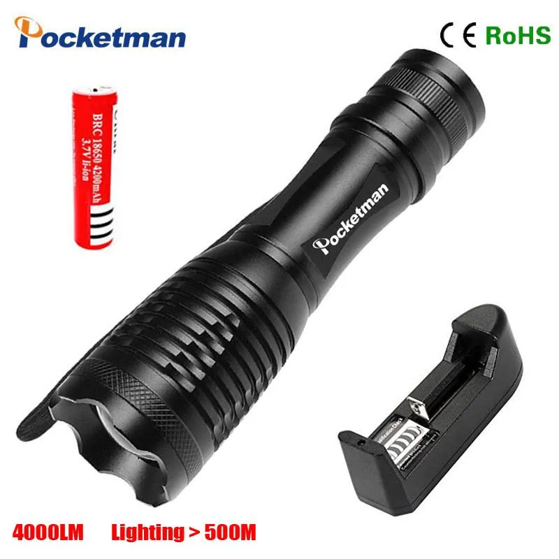 LED Flashlight E17 XM-L T6 4000 Lumens 5Modes Zoomable Torch with 18650 Battery Charger Linternas